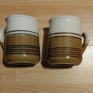 Set of Two Striped Ceramic Mugs - Brown and White